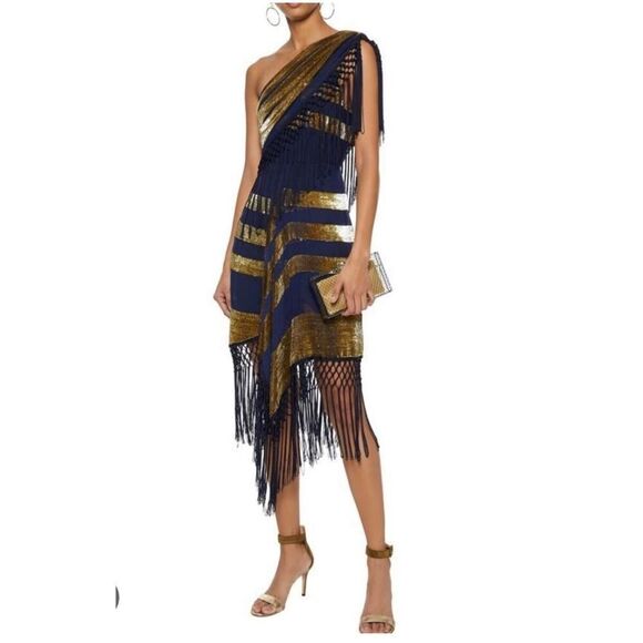 Alice McCall Dress 4 Akima Blue Gold Silk Fringe One Shoulder Party Cocktail - Picture 1 of 8